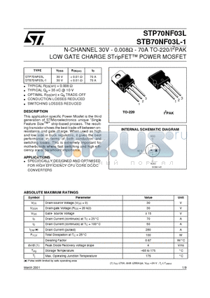 STP70NF03L datasheet - N-CHANNEL 30V - 0.008ohm - 70A TO-220/I2PAK LOW GATE CHARGE STripFET POWER MOSFET