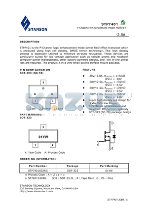 STP7401 datasheet - STP7401 is the P-Channel logic enhancement mode power field effect transistor which is produced using high cell density, DMOS trench technology.