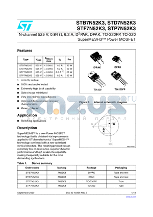 STP7N52K3 datasheet - N-channel 525 V, 0.84 OHM, 6.2 A, D2PAK, DPAK, TO-220FP, TO-220 SuperMESH3 Power MOSFET