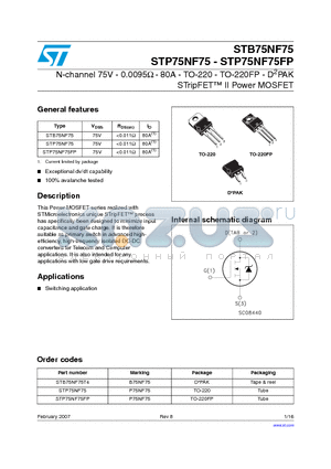 STP75NF75FP datasheet - N-channel 75V - 0.0095Y - 80A - TO-220 - TO-220FP - D2PAK STripFET II Power MOSFET