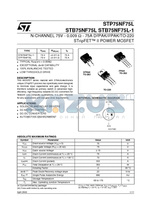 STP75NF75L datasheet - N-CHANNEL 75V - 0.009 ohm - 75A D2PAK/I2PAK/TO-220 STripFET II POWER MOSFET