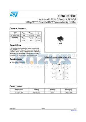 S4DNFS30 datasheet - N-channel - 30V - 0.044ohm - 4.5A SO-8 STripFET tm Power MOSFET plus schottky rectifier
