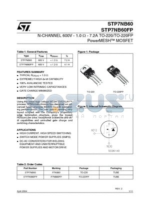 STP7NB60FP datasheet - N-CHANNEL 600V - 1.0 Y - 7.2A TO-220/TO-220FP PowerMESH MOSFET
