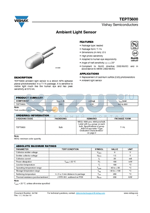 TEPT5600_10 datasheet - Ambient Light Sensor