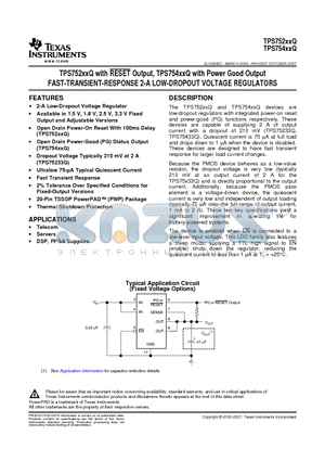 TPS75218QPWPRG4 datasheet - TPS752xxQ with RESET Output, TPS754xxQ with Power Good Output FAST-TRANSIENT-RESPONSE 2-A LOW-DROPOUT VOLTAGE REGULATORS