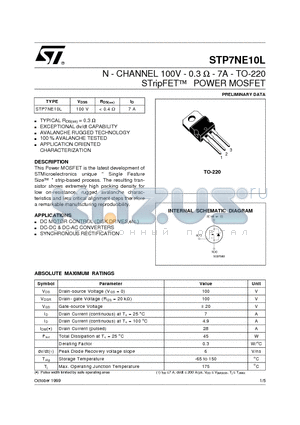 STP7NE10L datasheet - N - CHANNEL 100V - 0.3 ohm - 7A - TO-220 STripFET  POWER MOSFET