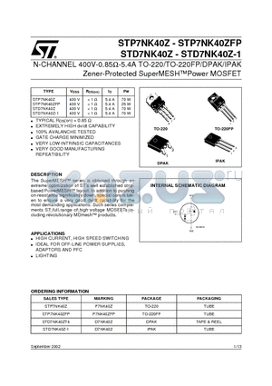 STP7NK40ZFP datasheet - N-CHANNEL 400V-0.85ohm-5.4A TO-220/TO-220FP/DPAK/IPAK Zener-Protected SuperMESHPower MOSFET