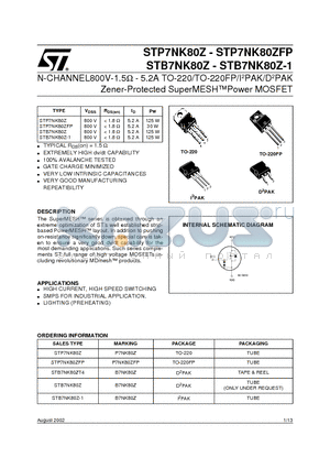 STP7NK80Z datasheet - N-CHANNEL800V-1.5ohm - 5.2A TO-220/TO-220FP/I2PAK/D2PAK Zener-Protected SuperMESHPower MOSFET