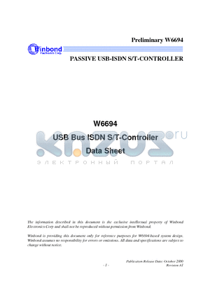 W6694CD datasheet - USB Bus ISDN S/T-Controller