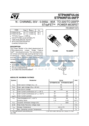 STP80NF55-06FP datasheet - N - CHANNEL 55V - 0.005ohm - 80A TO-220/TO-220FP STripFET  POWER MOSFET