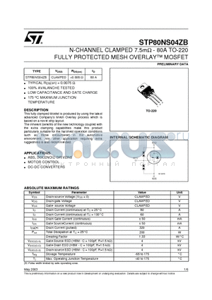 STP80NS04ZB datasheet - N-CHANNEL CLAMPED 7.5mohm - 80A TO-220 FULLY PROTECTED MESH OVERLAY MOSFET