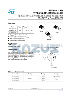 STP85N3LH5 datasheet - N-channel 30 V, 0.0042 Y , 80 A, DPAK, TO-220, IPAK STripFET V Power MOSFET