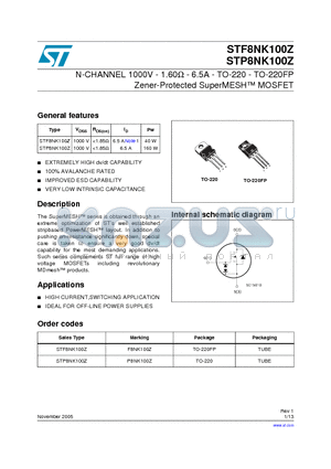 STP8NK100Z datasheet - N-CHANNEL 1000V - 1.60OHM - 6.5A - TO-220 - TO-220FP Zener-Protected SuperMESH TM MOSFET
