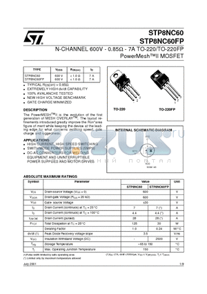 STP8NC60FP datasheet - N-CHANNEL 600V - 0.85ohm - 7A TO-220/TO-220FP PowerMeshII MOSFET