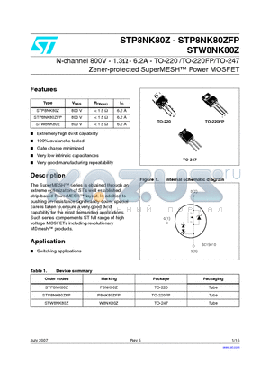 STP8NK80Z datasheet - N-channel 800V - 1.3Y - 6.2A - TO-220 /TO-220FP/TO-247 Zener-protected SuperMESH Power MOSFET