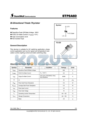 STP8A60 datasheet - Bi-Directional Triode Thyristor