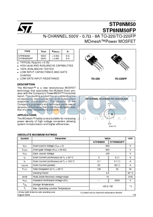 STP8NM50 datasheet - N-CHANNEL 500V - 0.7ohm - 8A TO-220/TO-220FP MDmeshPower MOSFET