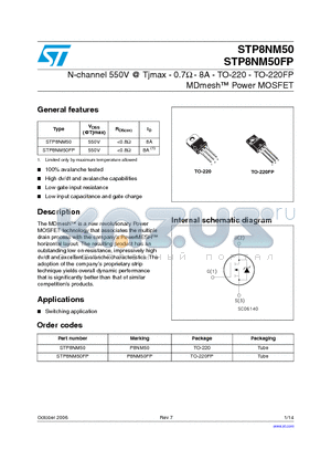 STP8NM50_06 datasheet - N-channel 550V @ Tjmax - 0.7Y - 8A - TO-220 - TO-220FP MDmesh Power MOSFET