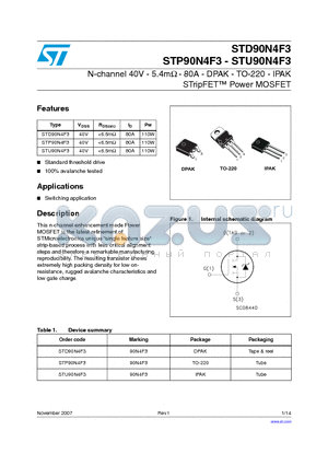 STP90N4F3 datasheet - N-channel 40V - 5.4mY - 80A - DPAK - TO-220 - IPAK STripFET Power MOSFET