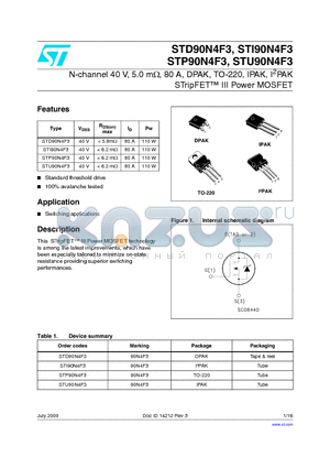 STP90N4F3 datasheet - N-channel 40 V, 5.0 mY, 80 A, DPAK, TO-220, IPAK, I2PAK STripFET III Power MOSFET
