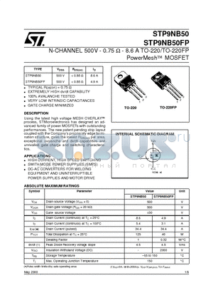 STP9NB50 datasheet - N-CHANNEL 500V - 0.75 ohm - 8.6 A TO-220/TO-220FP PowerMesh  MOSFET