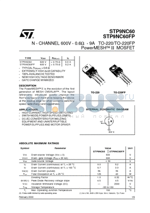 STP9NC60 datasheet - N - CHANNEL 600V - 0.6ohm - 9A TO-220/TO-220FP PowerMESHII MOSFET