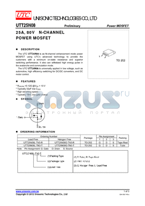 UTT25N08L-TN3-T datasheet - 25A, 80V N-CHANNEL POWER MOSFET