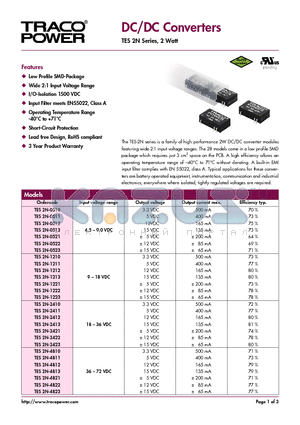 TES2N-0512 datasheet - DC/DC Converters - TES 2N Series, 2 Watt