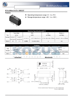 S5016 datasheet - ISDN S-INTERFACE TRANSFORMER