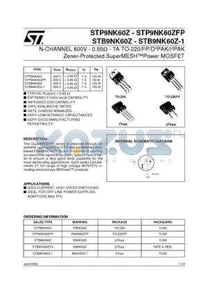 STP9NK60Z datasheet - N-CHANNEL 600V - 0.85ohm - 7A TO-220/FP/D2PAK/I2PAK Zener-Protected SuperMESHPower MOSFET