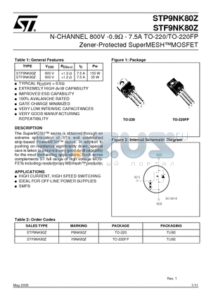 STP9NK80Z datasheet - N-CHANNEL 800V -0.9ohm - 7.5A TO-220/TO-220FP Zener-Protected SuperMESH MOSFET