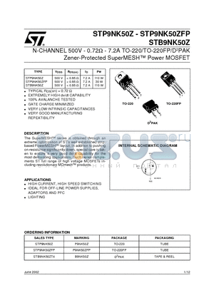 STP9NK50ZFP datasheet - N-CHANNEL 500V - 0.72ohm - 7.2A TO-220/TO-220FP/D2PAK Zener-Protected SuperMESH Power MOSFET