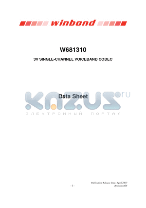 W681310S datasheet - 3V SINGLE-CHANNEL VOICEBAND CODEC