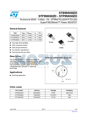 STP9NK60ZD datasheet - N-channel 600V - 0.85Y - 7A - D2PAK/TO-220FP/TO-220 SuperFREDMesh Power MOSFET