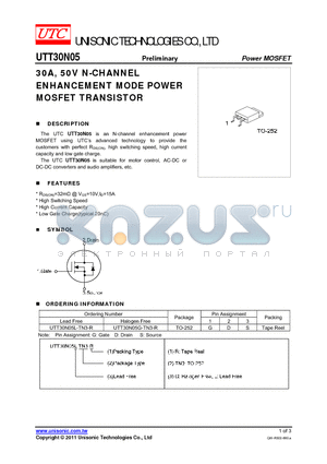 UTT30N05L-TN3-R datasheet - 30A, 50V N-CHANNEL ENHANCEMENT MODE POWER MOSFET TRANSISTOR