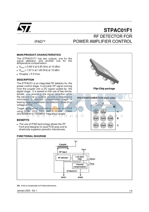 STPAC01F1 datasheet - RF DETECTOR FOR POWER AMPLIFIER CONTROL