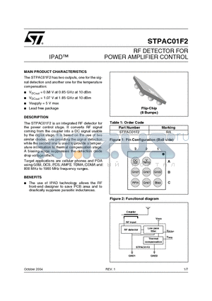 STPAC01F2 datasheet - RF DETECTOR FOR POWER AMPLIFIER CONTROL