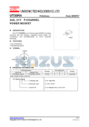 UTT30P04G-TN3-R datasheet - 40A, 21V P-CHANNEL POWER MOSFET