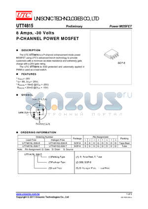 UTT4815G-S08-R datasheet - 8 Amps, -30 Volts P-CHANNEL POWER MOSFET