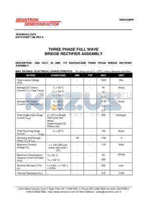 S50A3100FR datasheet - THREE PHASE FULL WAVE BRIDGE RECTIFIER ASSEMBLY