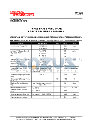 S50A360FR datasheet - THREE PHASE FULL WAVE BRIDGE RECTIFIER ASSEMBLY