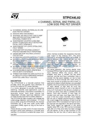 STPIC44L02 datasheet - 4 CHANNEL SERIAL AND PARALLEL LOW SIDE PRE-FET DRIVER