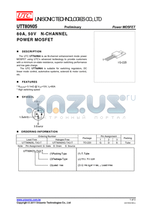 UTT80N05G-TA3-T datasheet - N-CHANNEL ENHANCEMENT MODE POWER MOSFET