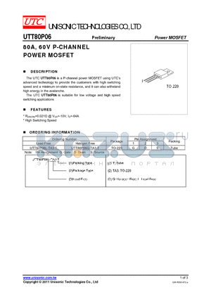 UTT80P06 datasheet - 80A, 60V P-CHANNEL POWER MOSFET