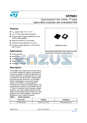 STPMS1 datasheet - Dual-channel 1-bit, 2 MHz, 1st order sigma-delta modulator with embedded PGA