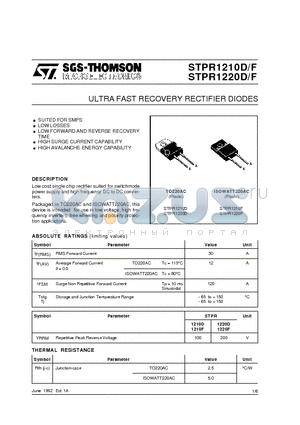 STPR1220F datasheet - ULTRA FAST RECOVERY RECTIFIER DIODES