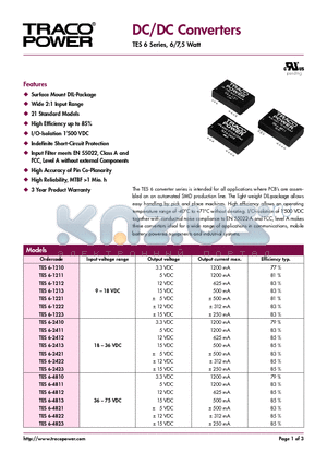 TES6-4812 datasheet - DC/DC Converters - TES 6 Series, 6/7,5 Watt