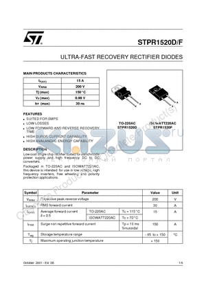 STPR1520D datasheet - ULTRA-FAST RECOVERY RECTIFIER DIODES