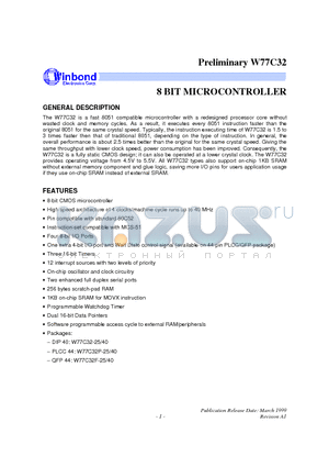 W77C32F-25 datasheet - 8 BIT MICROCONTROLLER