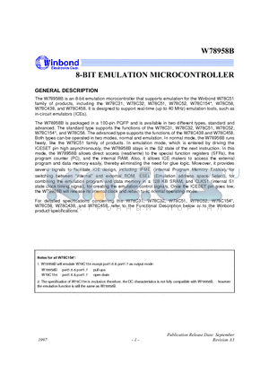 W78C32 datasheet - 8-BIT EMULATION MICROCONTROLLER